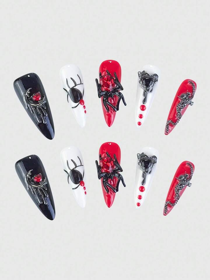 Anime 10pcs Gothic Punk Spider Chain Cross Niche Weird Moon Heart Fake Nails With 1pc Tape, Halloween