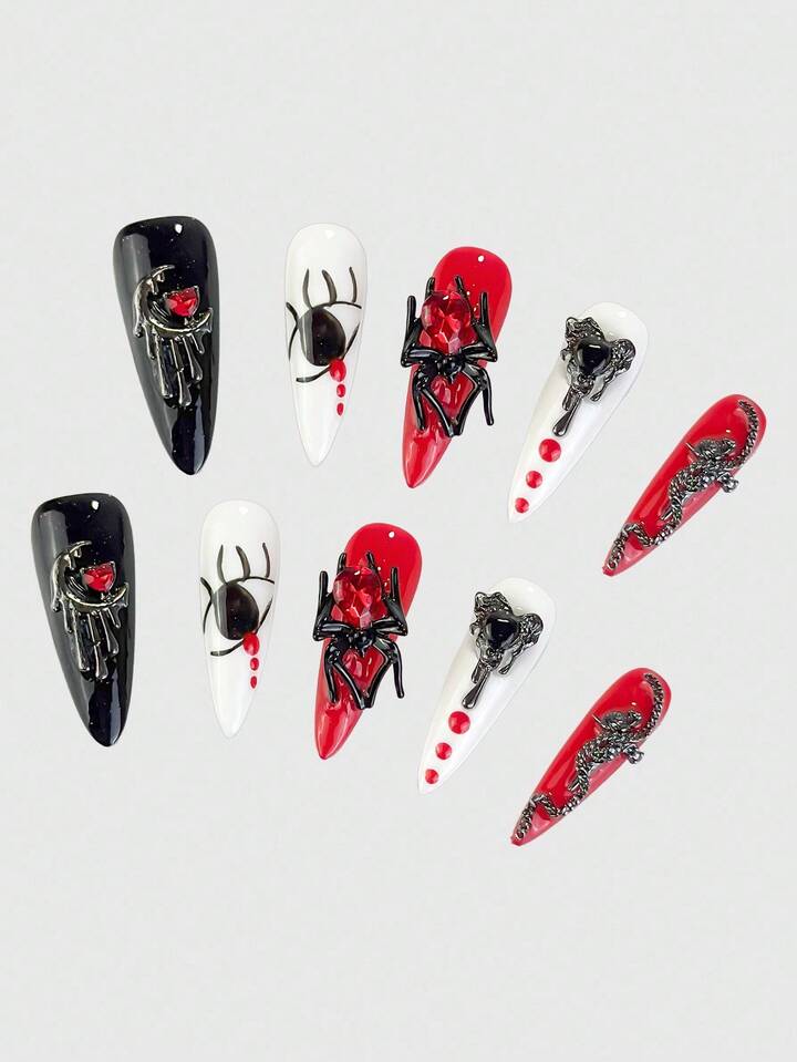 Anime 10pcs Gothic Punk Spider Chain Cross Niche Weird Moon Heart Fake Nails With 1pc Tape, Halloween