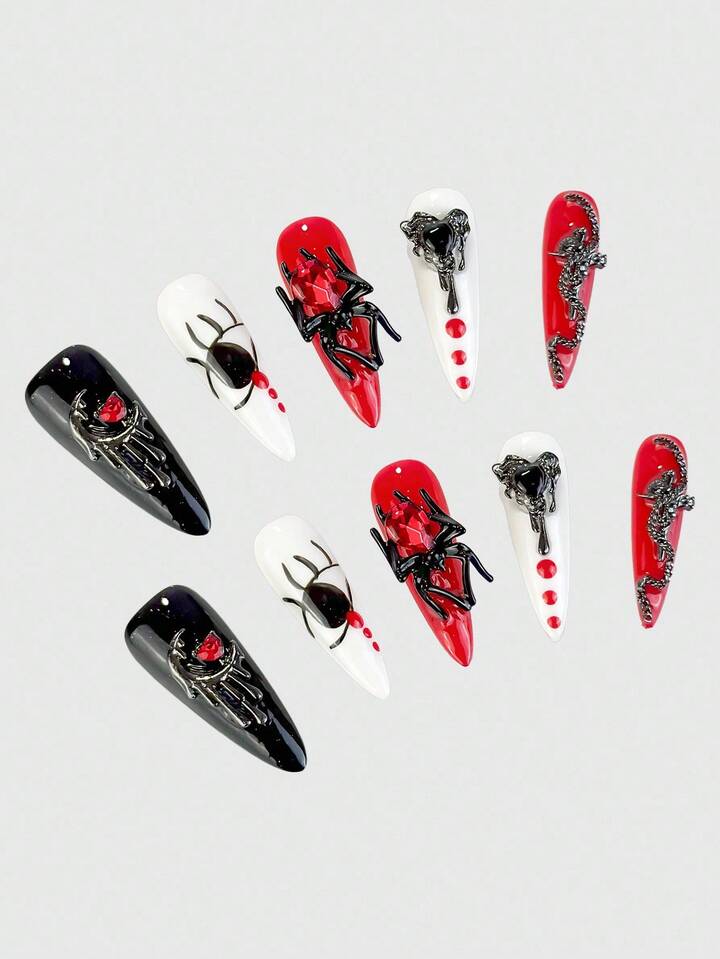 Anime 10pcs Gothic Punk Spider Chain Cross Niche Weird Moon Heart Fake Nails With 1pc Tape, Halloween
