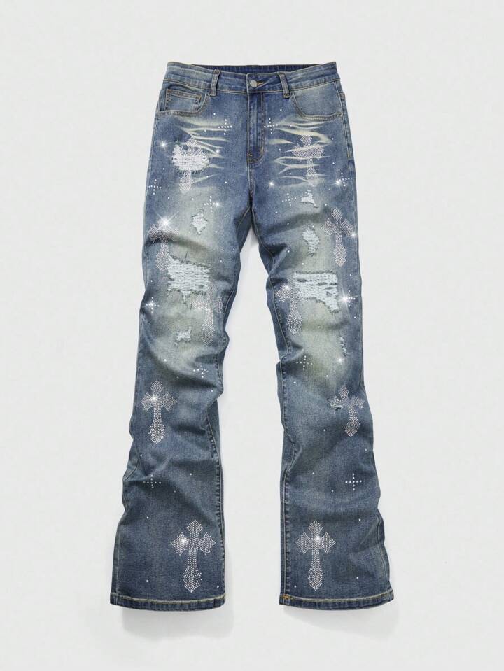 Street Life Men's Fashion Casual Street Rhinestone Cross Ripped Flare Jeans