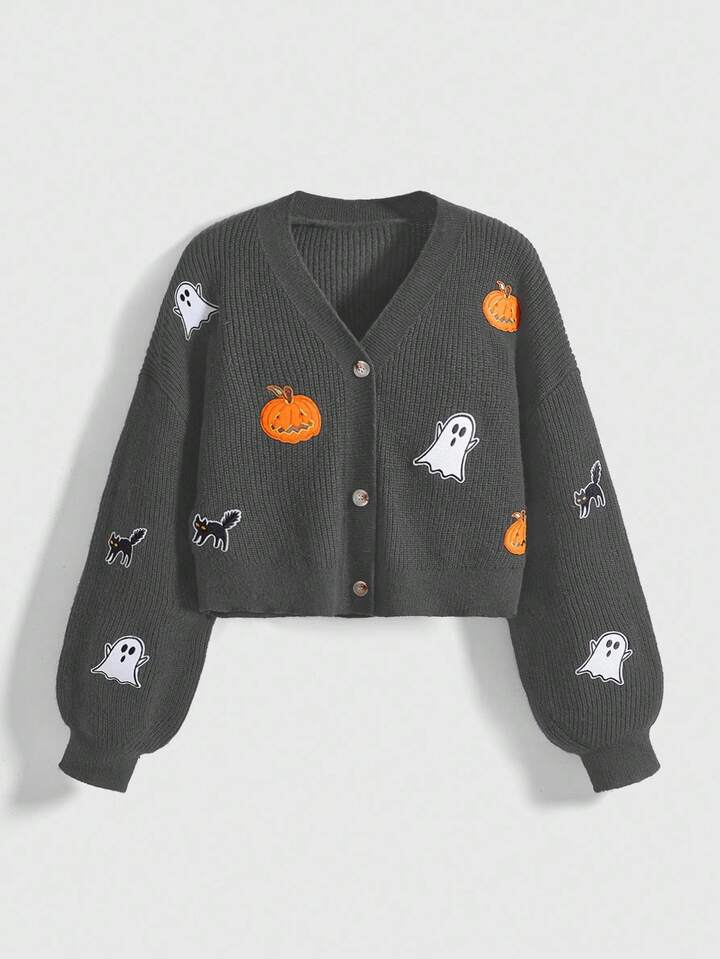 Women's Cartoon Halloween Applique V-Neck Button Front Long Sleeve Knit Cardigan