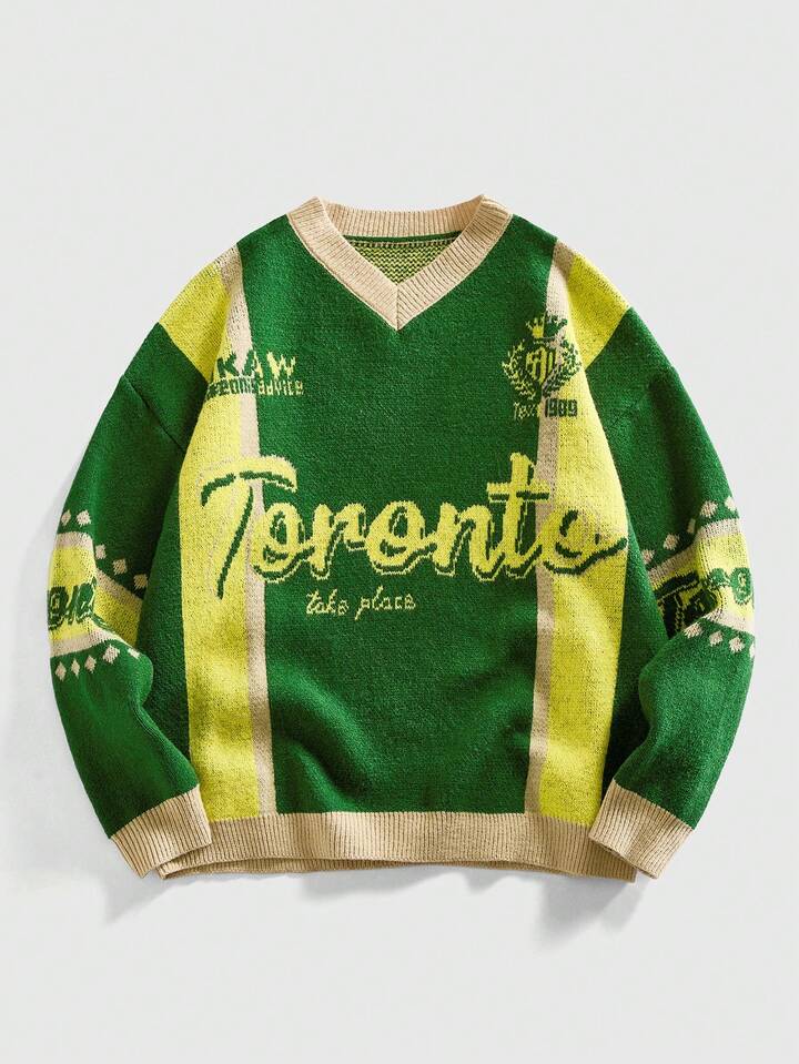 Men's Preppy V-Neck Soccer Inspired Knit Sweater, For Winter