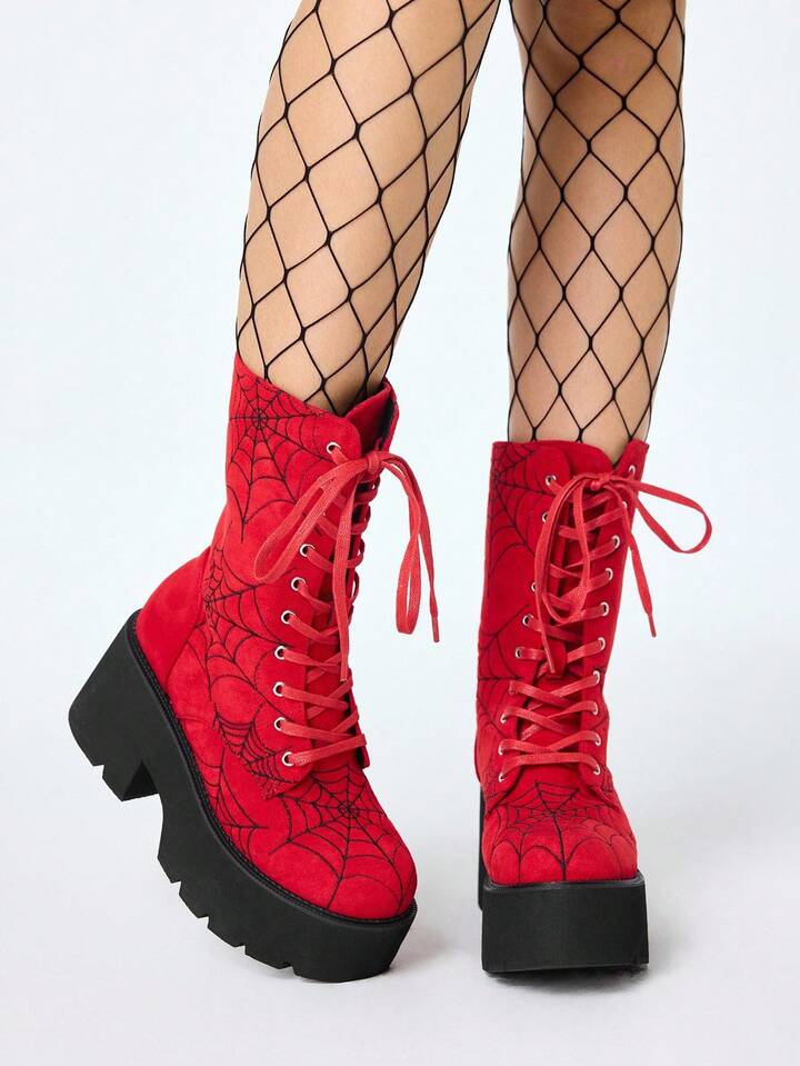 Grunge Punk Women's Punk Style Thick Sole Lace-Up Mid-Calf Boots, Gothic Y2K Spider Web Embroidery Decor Platform Lace-Up Tall Boots, Comfortable Party Motorcycle Combat Boots, Halloween