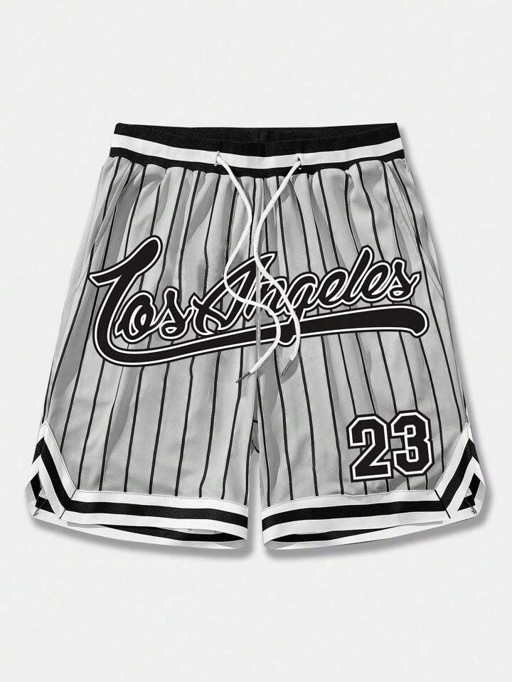 Prep Men Striped Letter Printed Drawstring Waist Summer Sports Casual Mesh Basketball Shorts, School