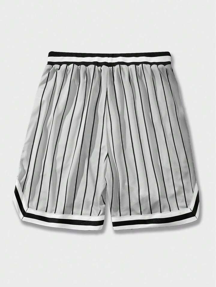 Prep Men Striped Letter Printed Drawstring Waist Summer Sports Casual Mesh Basketball Shorts, School