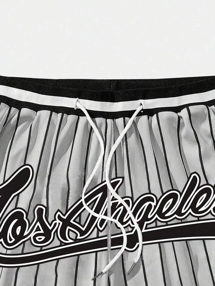 Prep Men Striped Letter Printed Drawstring Waist Summer Sports Casual Mesh Basketball Shorts, School
