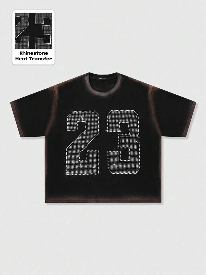 Men's Street Life Glitter Diamond Trim Spray Printed Short Sleeve T-Shirt, Loose Cropped Style