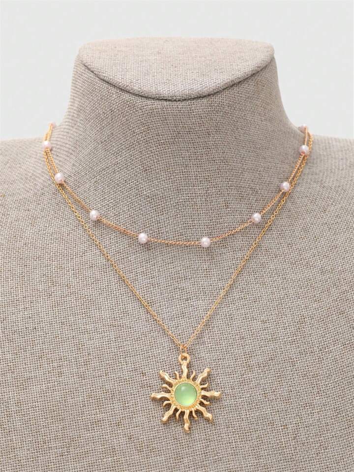 Fairycore 1pc Faux Pearl Necklace With Olive Green Sun Shaped Pendant, Daily Wear & Holiday Gift