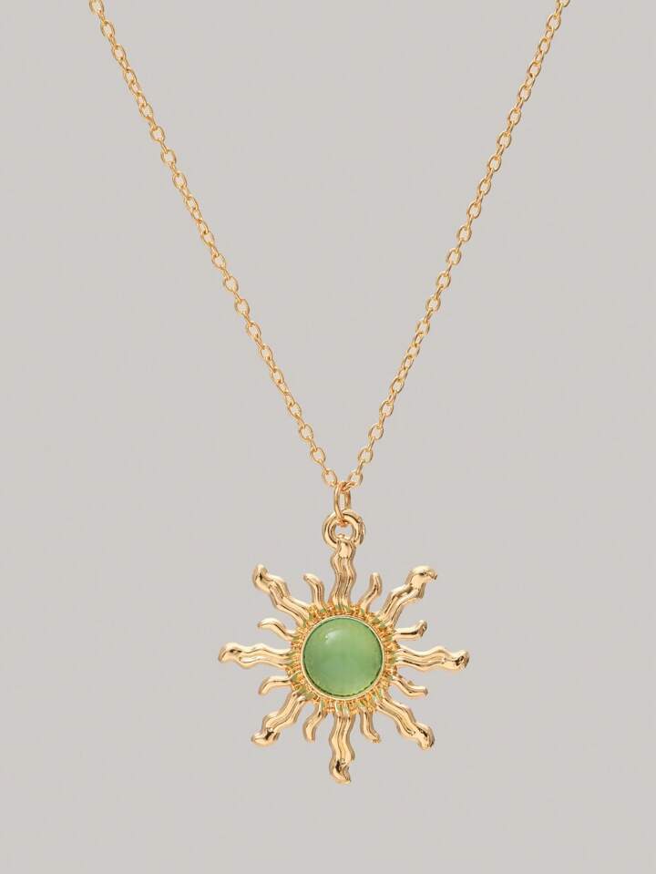 Fairycore 1pc Faux Pearl Necklace With Olive Green Sun Shaped Pendant, Daily Wear & Holiday Gift