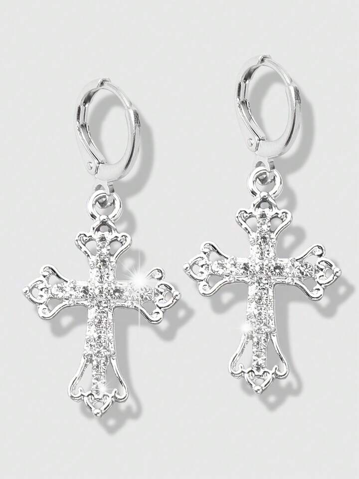 Goth 1pair Fashion Zinc Alloy Rhinestone Decor Cross Drop Earrings For Women For Daily Decoration