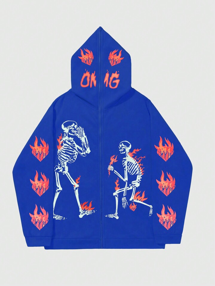 Street Life Men's Fashionable Skull & Flame Print Hoodie Sweatshirt, Autumn