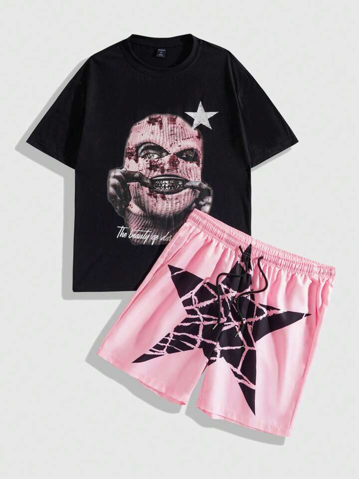 Street Life Men Figure & Star Print Tee & Drawstring Waist Shorts, School