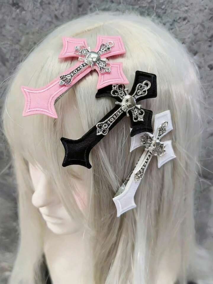 Anime 3 Random Color Punk Cross Hairpins, Dark Handmade Metal Skull Duck Bill Clips, Daily Design Hair Accessories Hairpins