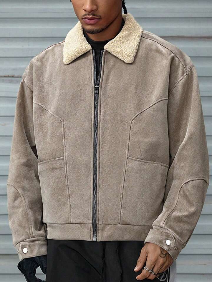Men's Zip-Up Casual Faux Suede Fleece Jacket, Autumn/Winter