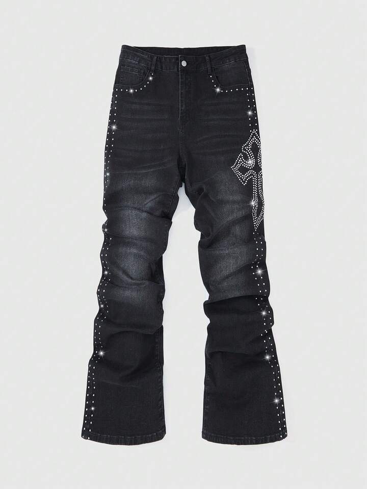 Men's Casual Fashion Street Cross Rhinestone Washed Flared Jeans