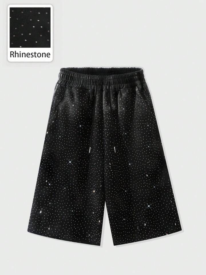 Casual Men's Avant Elastic Waist Loose Rhinestone Washed Baggy Cropped Sweatpants, For Rave