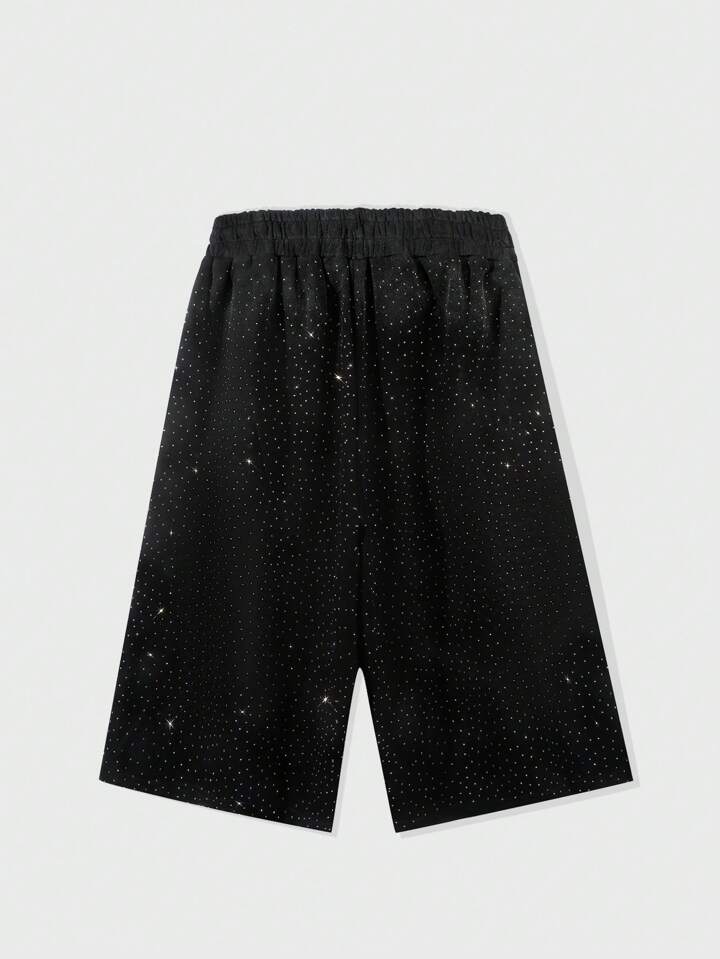 Casual Men's Avant Elastic Waist Loose Rhinestone Washed Baggy Cropped Sweatpants, For Rave