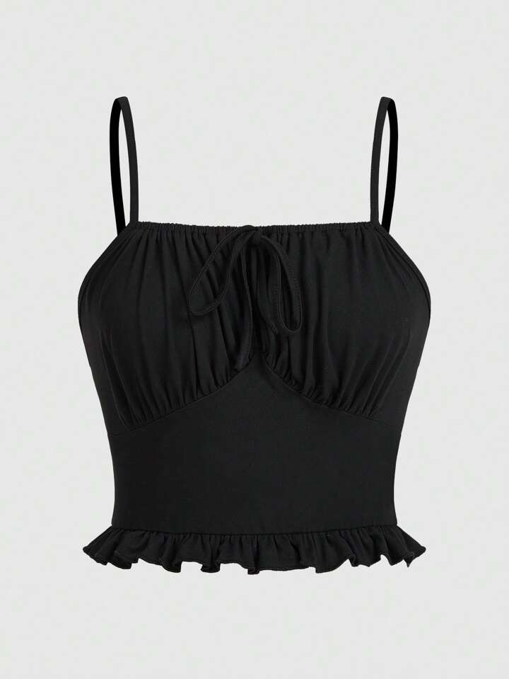 Solid Ruched Bust Frill Trim Cami Top