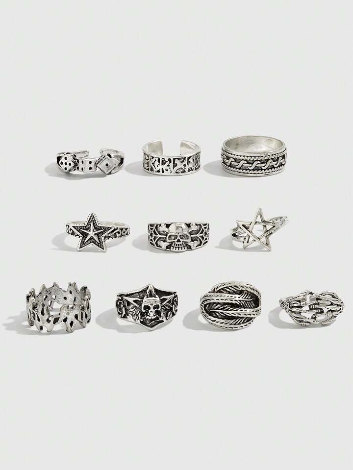 Goth 4pcs/Set Punk Style Spiral Star Rings, Adjustable Ring Set For Couples