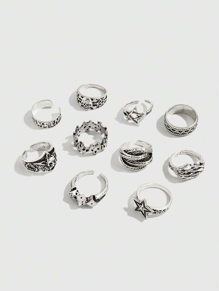 Goth 4pcs/Set Punk Style Spiral Star Rings, Adjustable Ring Set For Couples