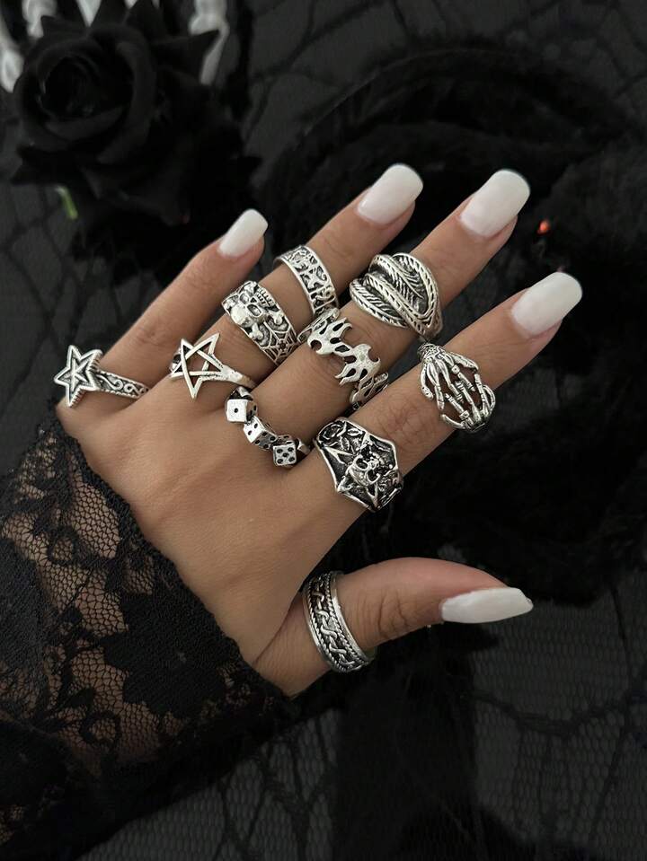 Goth 4pcs/Set Punk Style Spiral Star Rings, Adjustable Ring Set For Couples