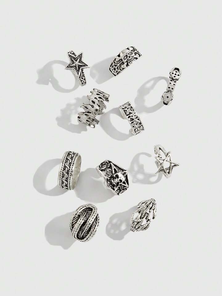 Goth 4pcs/Set Punk Style Spiral Star Rings, Adjustable Ring Set For Couples 4 Goth 4pcs/Set Punk Style Spiral Star Rings, Adjustable Ring Set For Couples