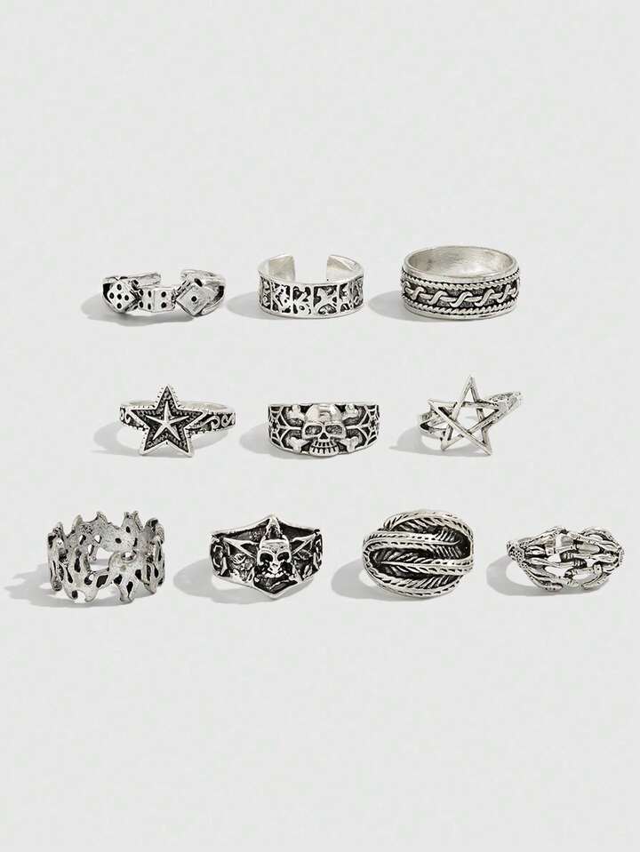 Goth 4pcs/Set Punk Style Spiral Star Rings, Adjustable Ring Set For Couples 6 Goth 4pcs/Set Punk Style Spiral Star Rings, Adjustable Ring Set For Couples