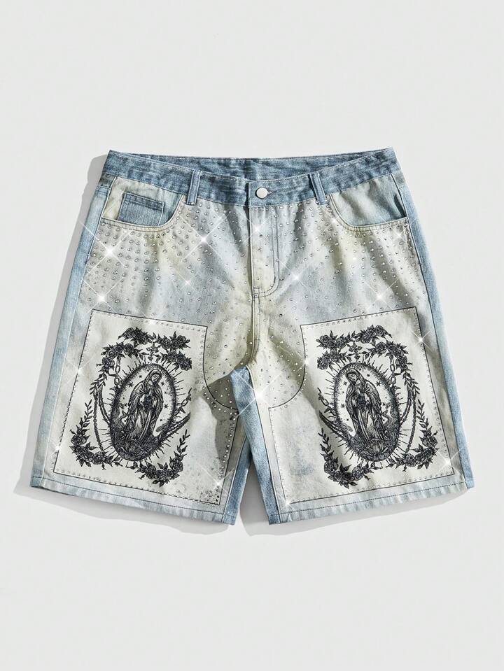 Street Life Men's Goth Virgin Mary Fashion Digital Printed Denim Shorts, Halloween