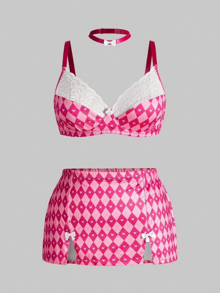 Kawaii 3pcs Plus Size Rhombus Plaid Lace Underwire Bra, Choker & Printed Shorts Set, For Valentine's Day