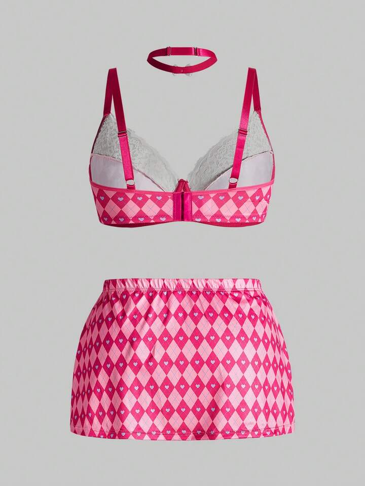 Kawaii 3pcs Plus Size Rhombus Plaid Lace Underwire Bra, Choker & Printed Shorts Set, For Valentine's Day 2 Kawaii 3pcs Plus Size Rhombus Plaid Lace Underwire Bra, Choker & Printed Shorts Set, For Valentine's Day