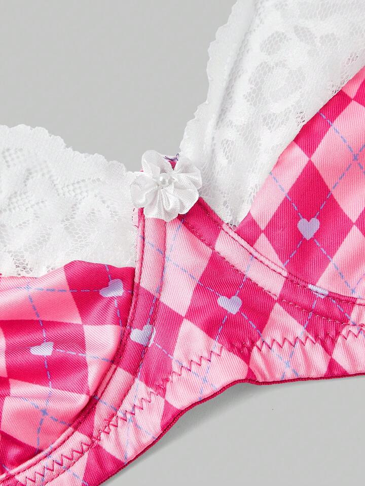 Kawaii 3pcs Plus Size Rhombus Plaid Lace Underwire Bra, Choker & Printed Shorts Set, For Valentine's Day 3 Kawaii 3pcs Plus Size Rhombus Plaid Lace Underwire Bra, Choker & Printed Shorts Set, For Valentine's Day