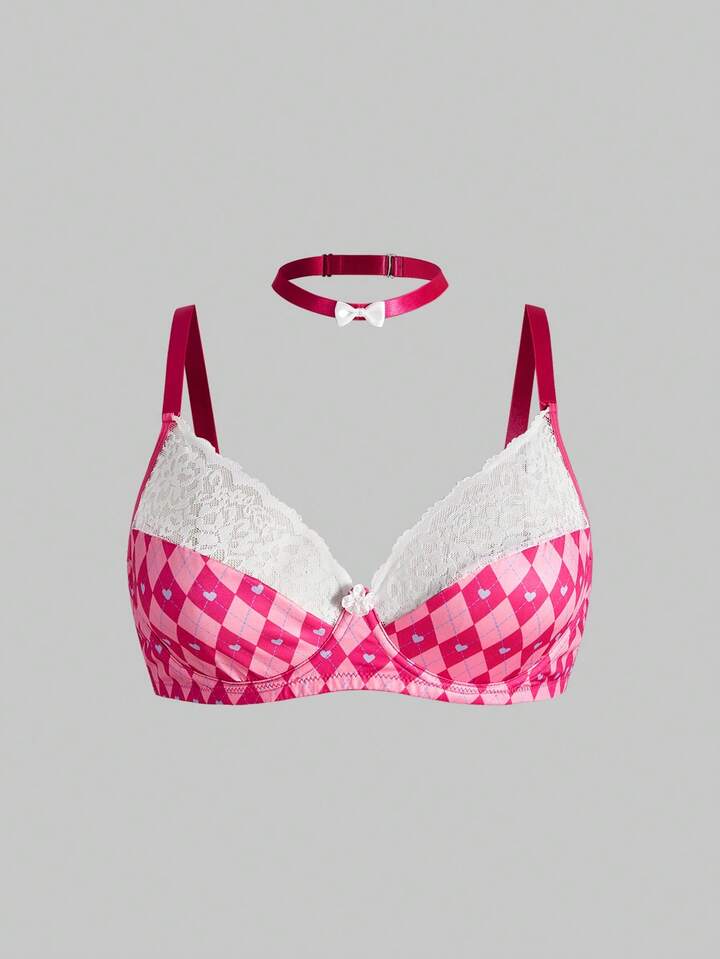 Kawaii 3pcs Plus Size Rhombus Plaid Lace Underwire Bra, Choker & Printed Shorts Set, For Valentine's Day 7 Kawaii 3pcs Plus Size Rhombus Plaid Lace Underwire Bra, Choker & Printed Shorts Set, For Valentine's Day