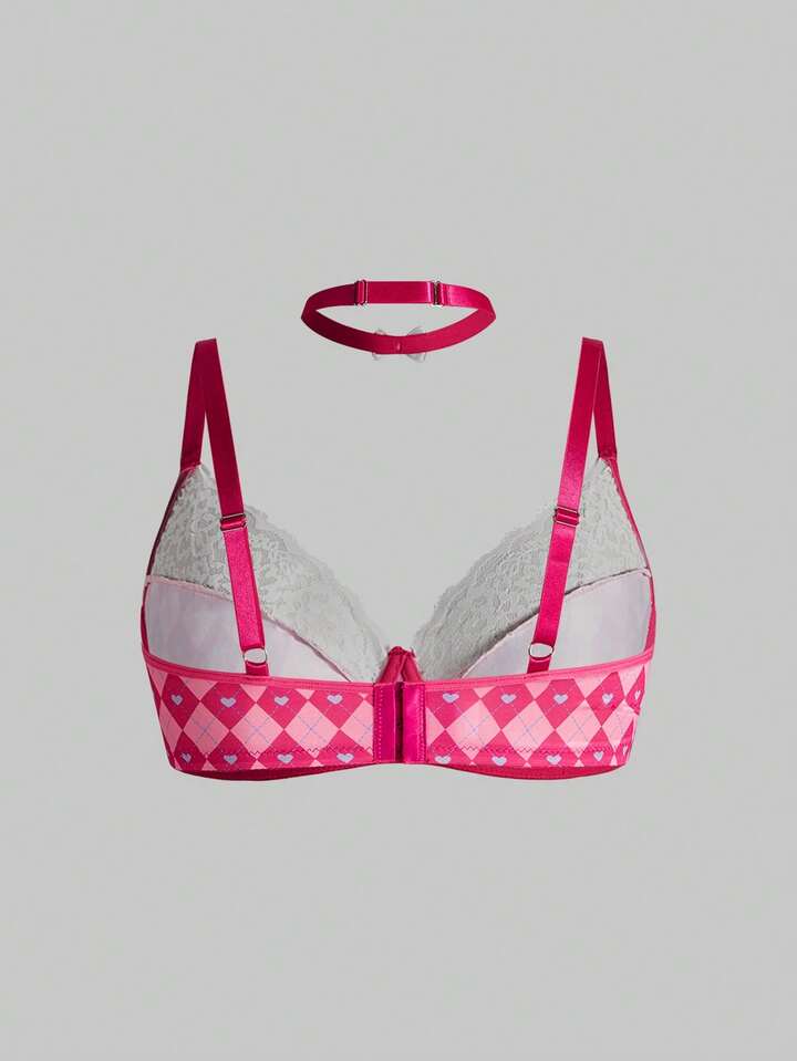 Kawaii 3pcs Plus Size Rhombus Plaid Lace Underwire Bra, Choker & Printed Shorts Set, For Valentine's Day 8 Kawaii 3pcs Plus Size Rhombus Plaid Lace Underwire Bra, Choker & Printed Shorts Set, For Valentine's Day