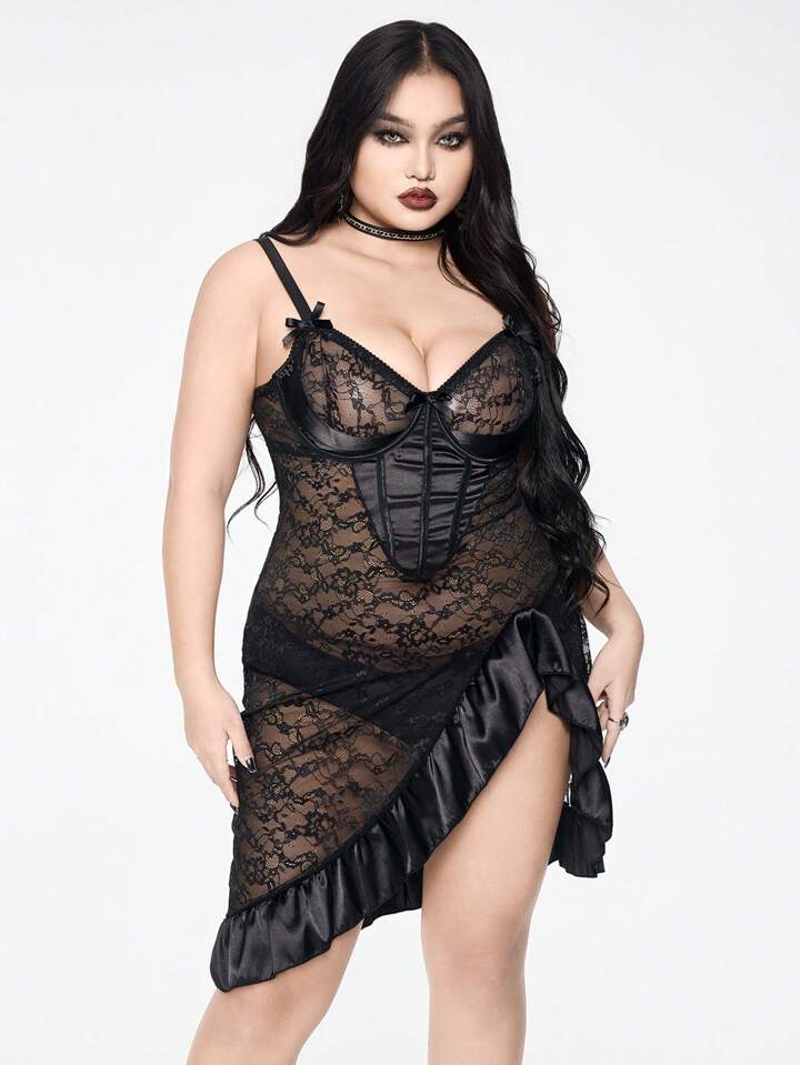 Plus Size Gothic Vintage Rose Bride Underwire Lace Satin Patchwork Criss-Cross Back Dress & Thong Lingerie Set