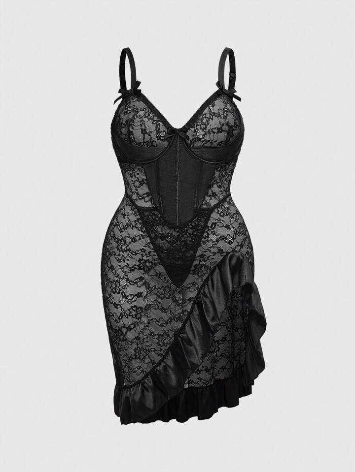 Plus Size Gothic Vintage Rose Bride Underwire Lace Satin Patchwork Criss-Cross Back Dress & Thong Lingerie Set