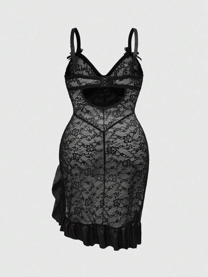 Plus Size Gothic Vintage Rose Bride Underwire Lace Satin Patchwork Criss-Cross Back Dress & Thong Lingerie Set