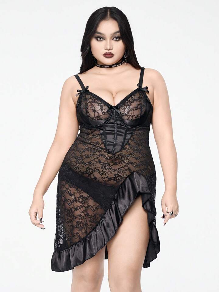 Plus Size Gothic Vintage Rose Bride Underwire Lace Satin Patchwork Criss-Cross Back Dress & Thong Lingerie Set