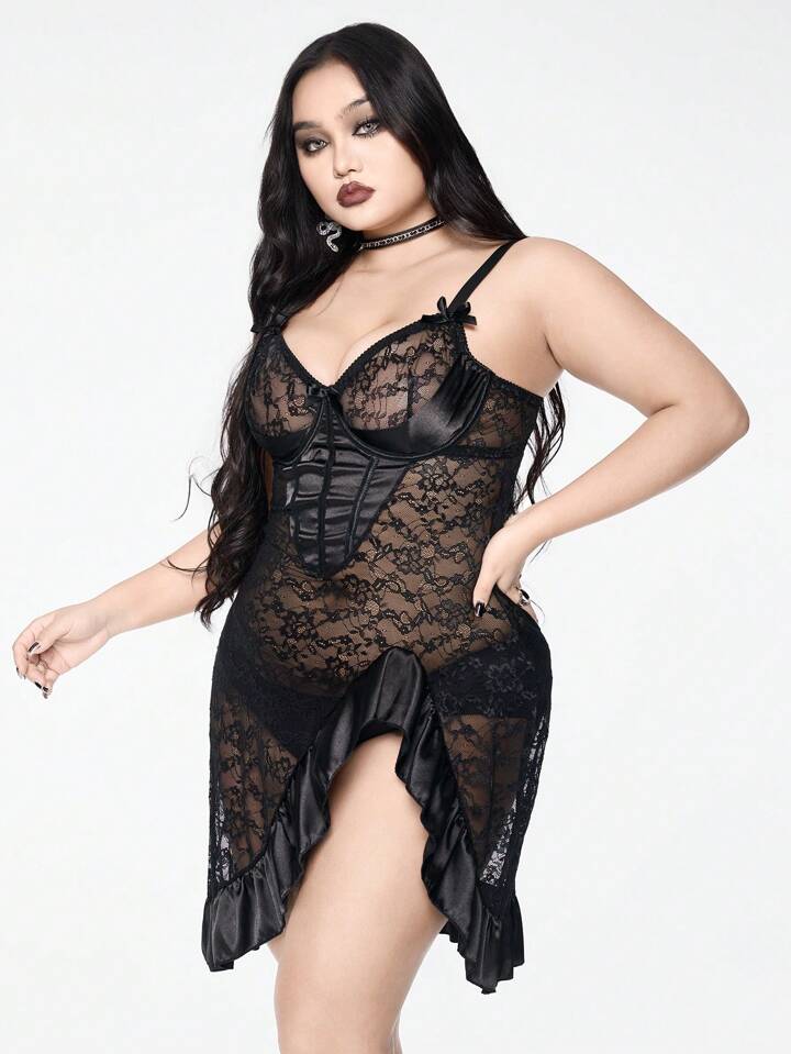 Plus Size Gothic Vintage Rose Bride Underwire Lace Satin Patchwork Criss-Cross Back Dress & Thong Lingerie Set