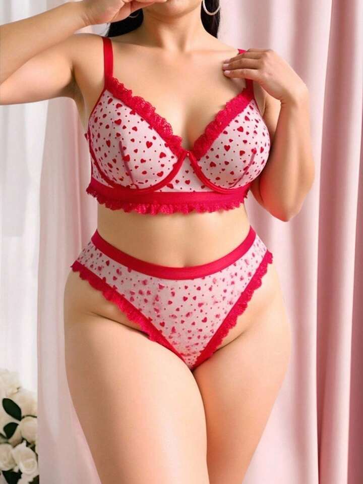 Kawaii Plus Size Romantic Valentine's Day Lace & Mesh Patchwork Underwire Lingerie Set