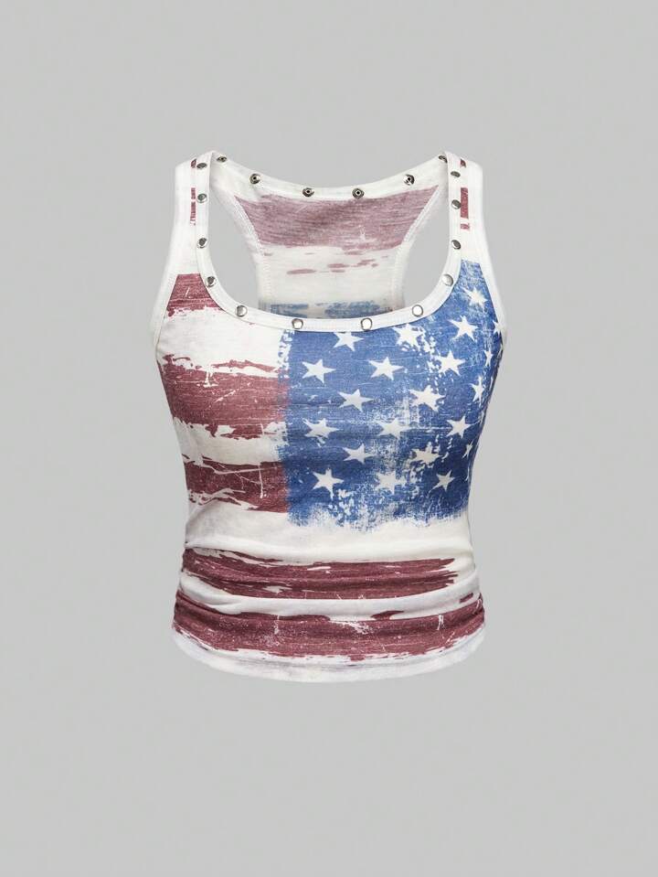 Y2K Baddie Gray & US Flag Retro Print Plus Size Racerback Tank Top