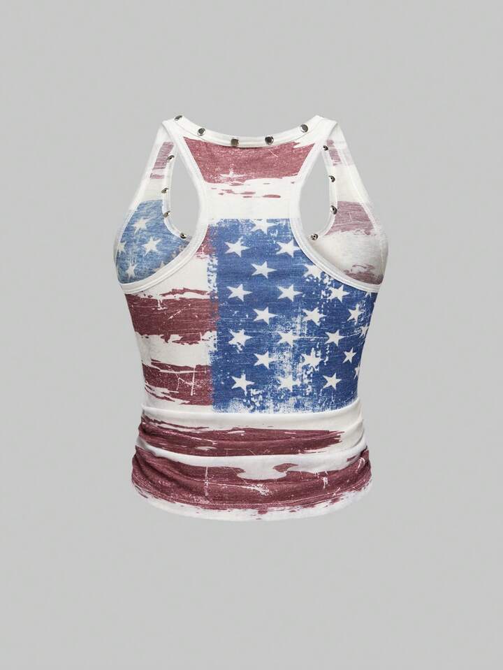 Y2K Baddie Gray & US Flag Retro Print Plus Size Racerback Tank Top