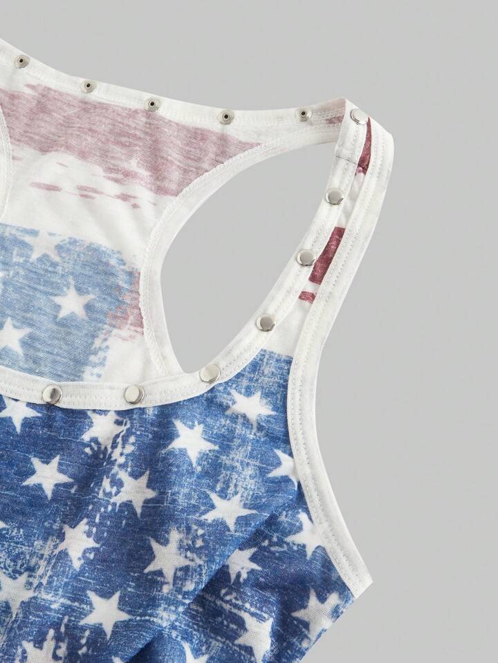 Y2K Baddie Gray & US Flag Retro Print Plus Size Racerback Tank Top
