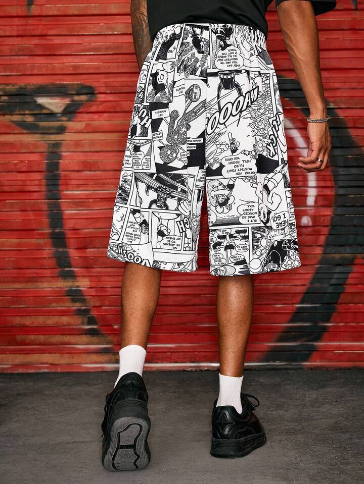 Astro Boy X ROMWE Men's Popart Print Drawstring Waist Wide Leg Casual Shorts
