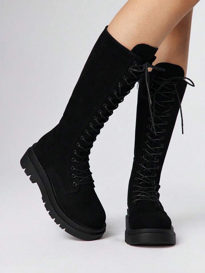 Goth Women's Knee-High Boots Fashionable Lace-Up Thick-Soled Chunky Heel Women's Boots For Christmas