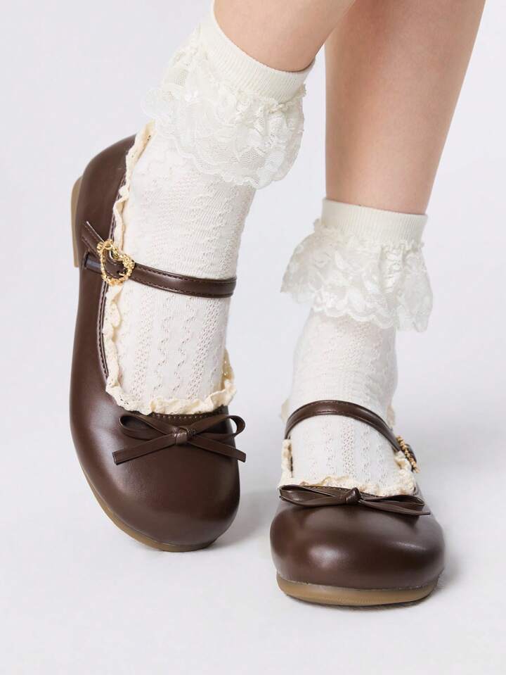 Kawaii Women's Brown Loafers, Closed Toe Mary Jane Pumps, Bow & Lace Lolita Ballet Flats For Christmas