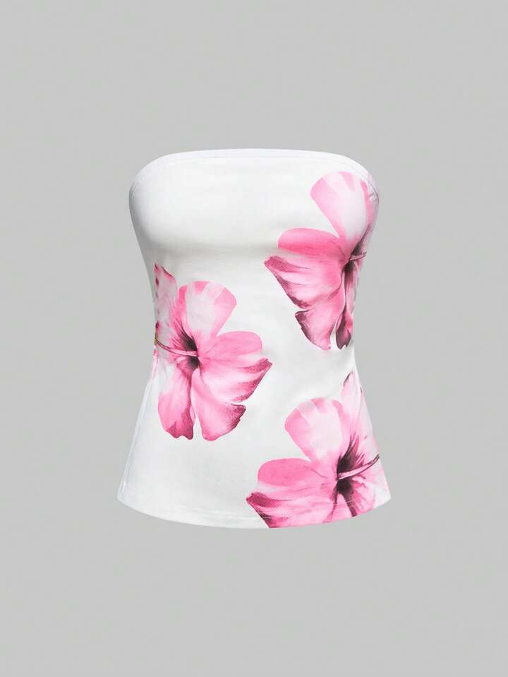 Y2K Style Floral Print Ruched Waist Slit Hem Cropped Tube Top For Beach Vacation