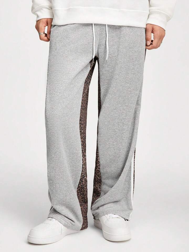 ROMWE Avant Men's Solid Color Patchwork Front Tie Simple Sweatpants, Casual Daily Wear