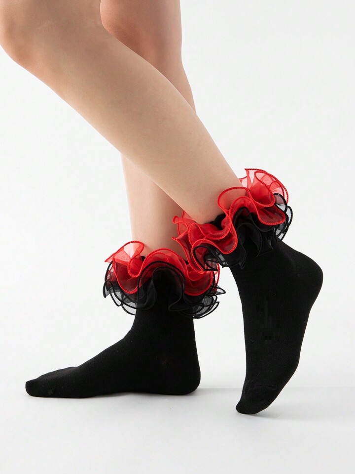 Women's Contrast Color Patchwork Minimalist Lace Trim Mid-Calf Socks, Casual Everyday