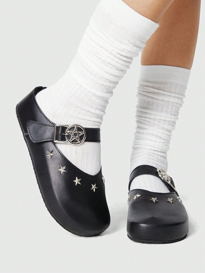 Goth Women's Dark Rock Punk Style Closed Toe Mule Shoes With Star Buckle, Hollow-Out Design, Suitable For Holiday, Beach, Roman Style Wedge & Platform Sandals
