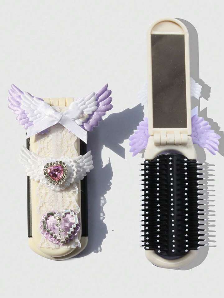Kawaii 1pc Leopard Print Folding Comb With Attached Mirror, Portable Airbag Comb Back To School Accessory (Pattern Placement Random)